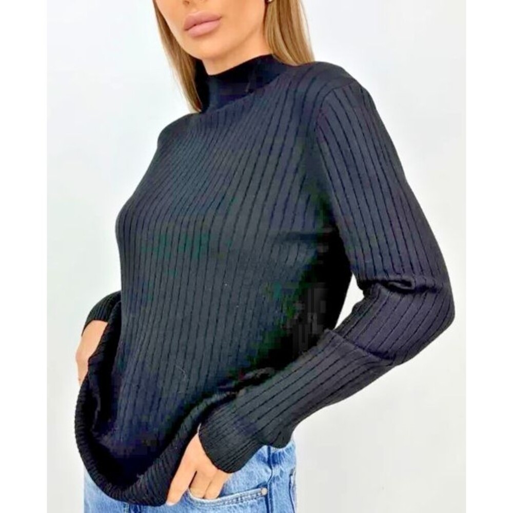 Womens XS/S Black Ribbed Mock Neck Cashmere Blend Smeater Casual Pullover Comfy